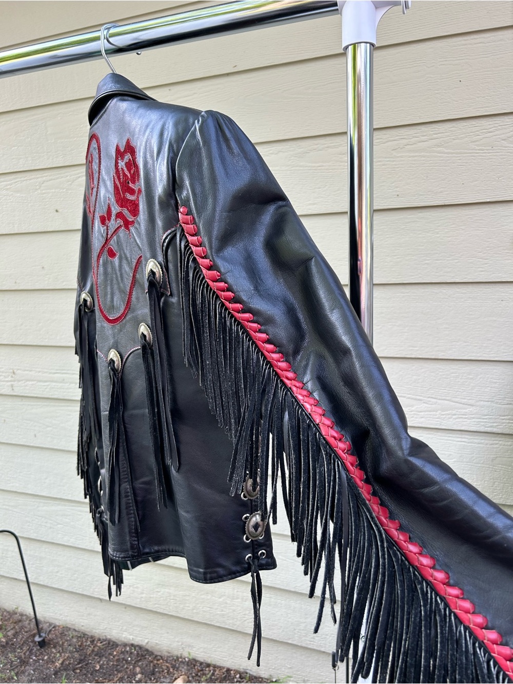 Black Leather Jacket with Red Embroidered Accents - Picture 4 of 6